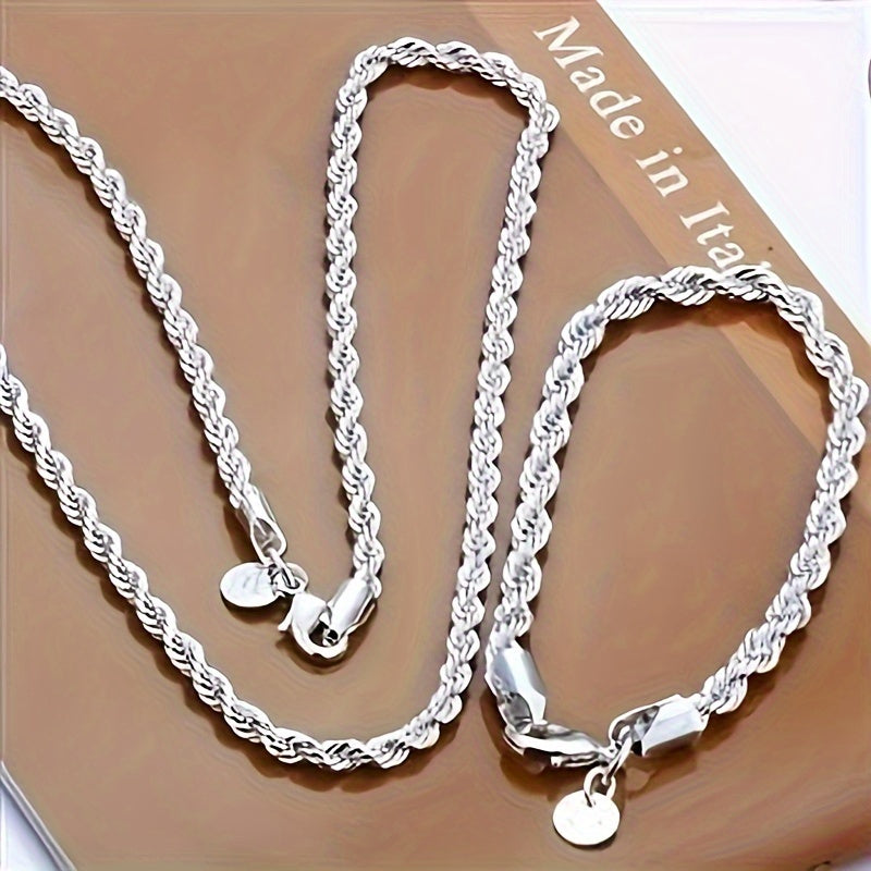 Sterling Silver Twisted Rope Chain Necklace and Bracelet Set for Women Elegant Classic Jewelry