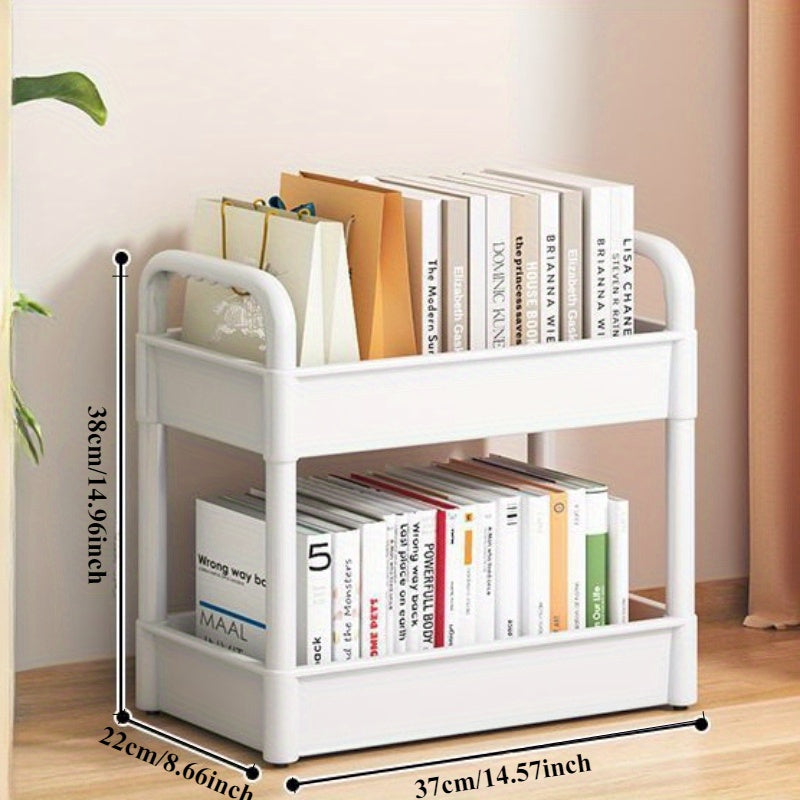 White Plastic 2-Tier Rolling Utility Cart with Hooks for Office Dorm Bathroom