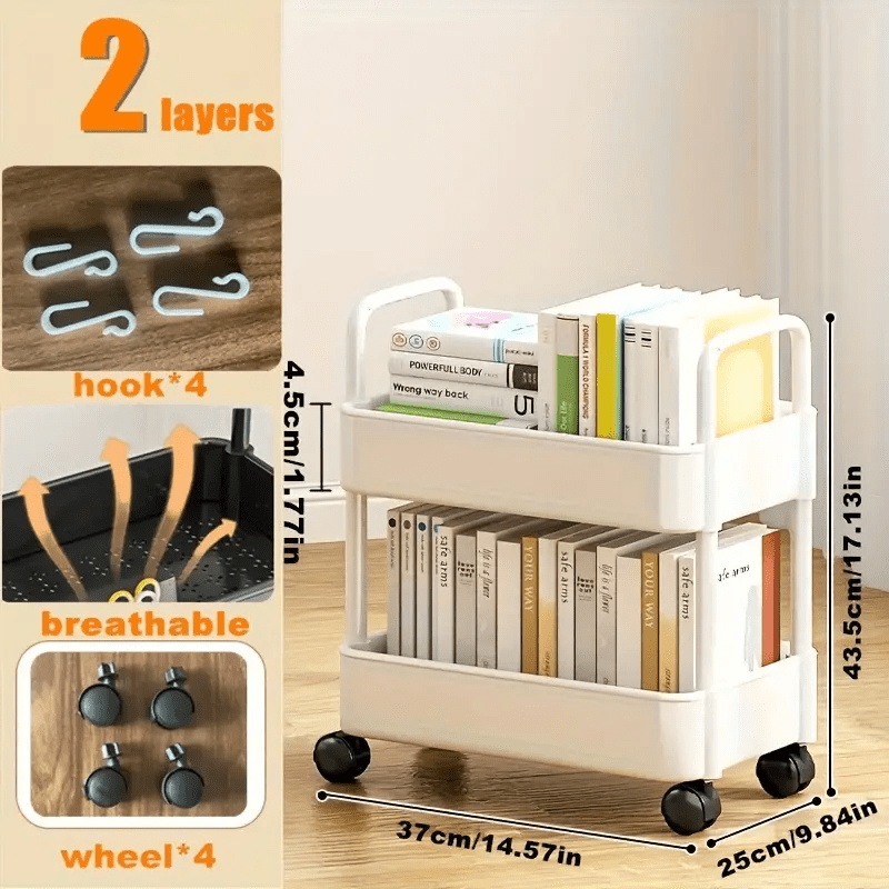 White Plastic 2-Tier Rolling Utility Cart with Hooks for Office Dorm Bathroom