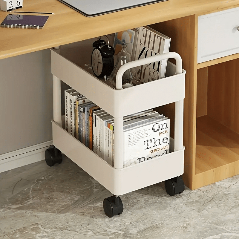 White Plastic 2-Tier Rolling Utility Cart with Hooks for Office Dorm Bathroom
