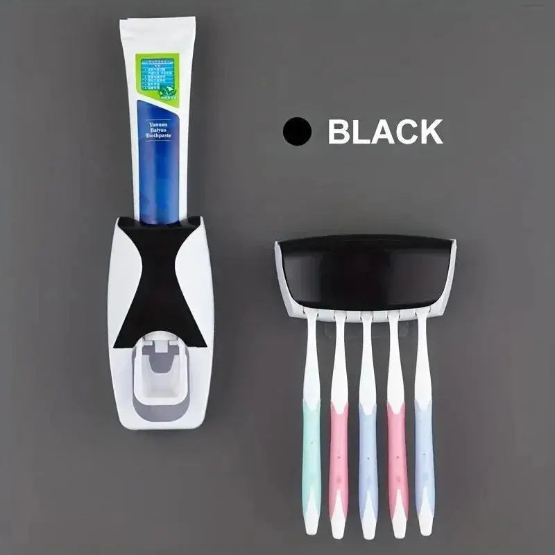 Wall-Mounted Toothbrush Holder with Automatic Toothpaste Dispenser for Up to 5 Brushes Plastic