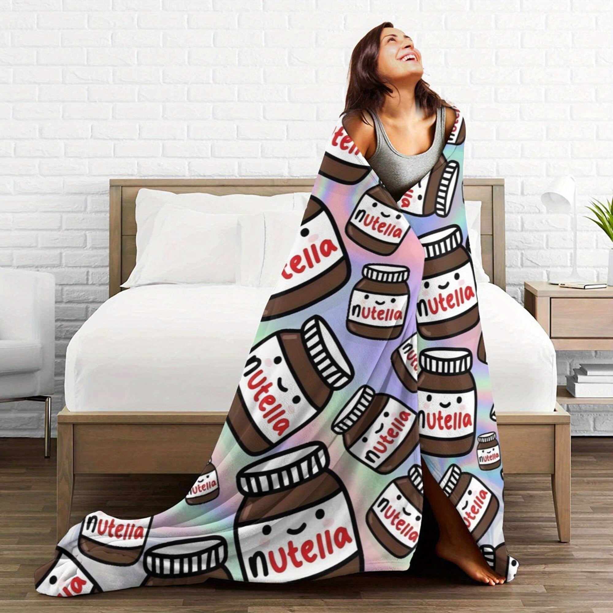 Flannel Blanket with Nutella Chocolate Hazelnut Design Soft Polyester Anime Print for All Seasons