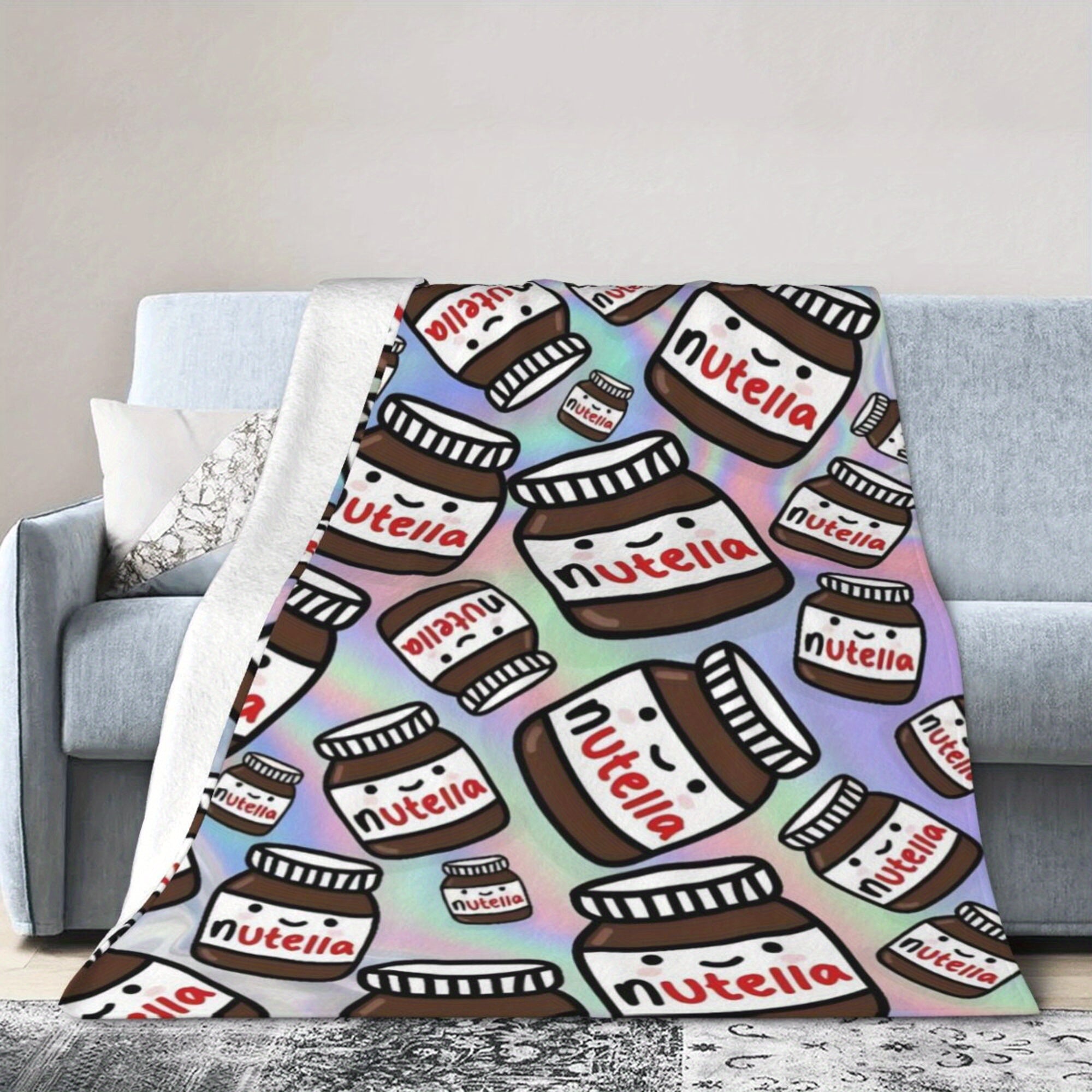 Flannel Blanket with Nutella Chocolate Hazelnut Design Soft Polyester Anime Print for All Seasons
