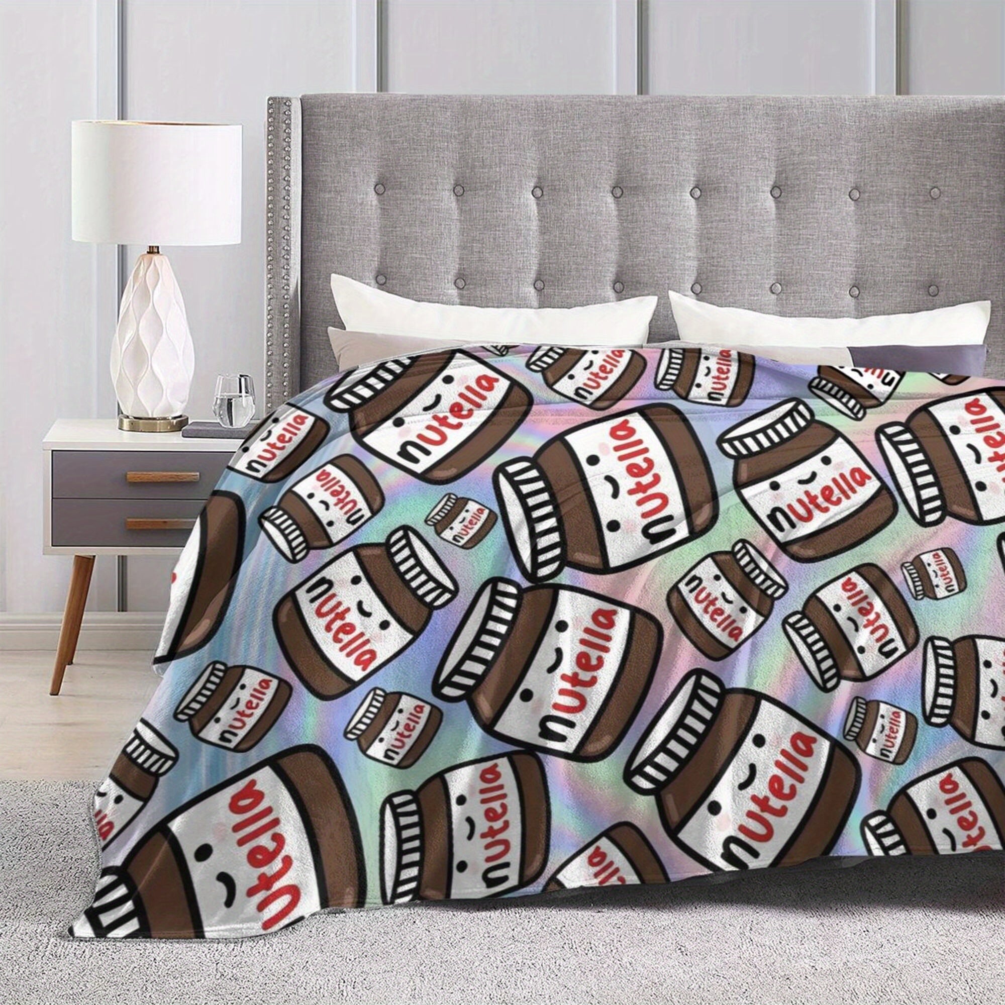 Flannel Blanket with Nutella Chocolate Hazelnut Design Soft Polyester Anime Print for All Seasons