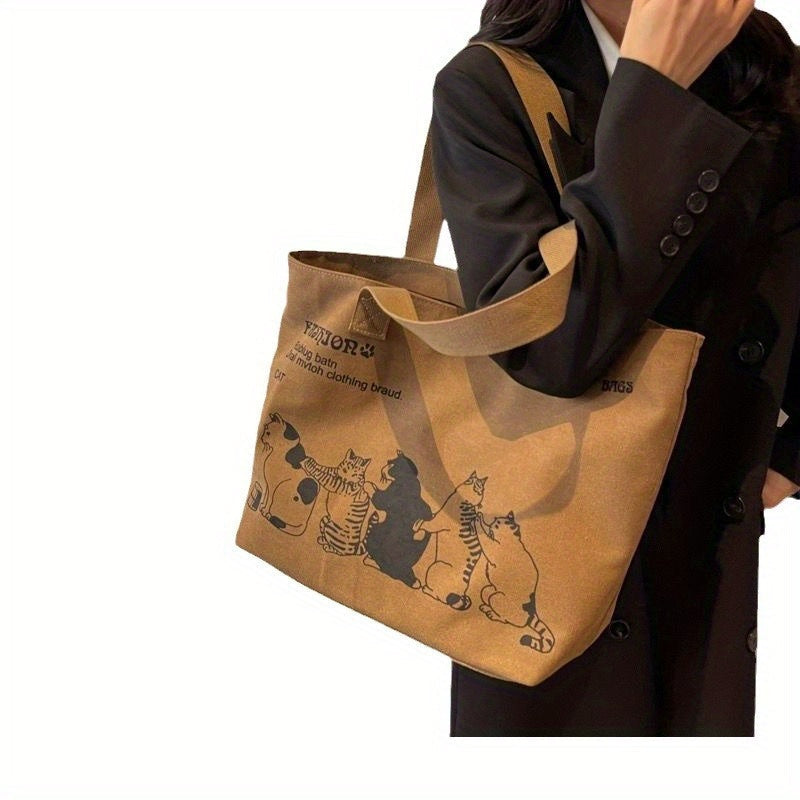 Women’s Canvas Tote Bag with Cartoon Print and Multiple Pockets for Shopping and Beach