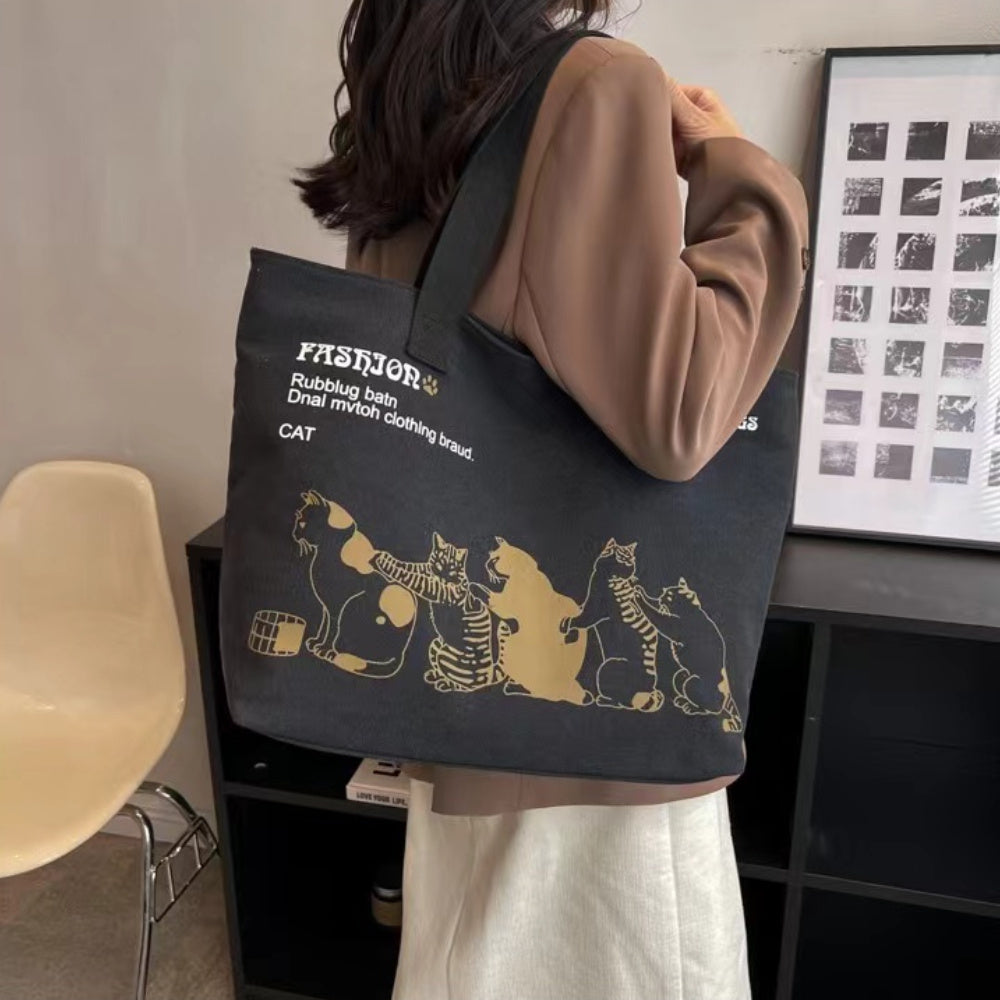 Women’s Canvas Tote Bag with Cartoon Print and Multiple Pockets for Shopping and Beach