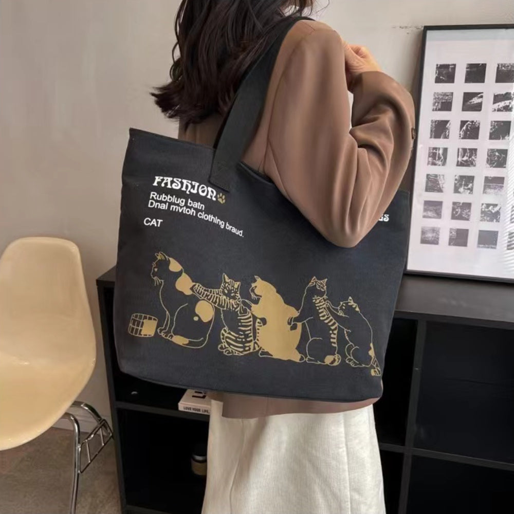 Women’s Canvas Tote Bag with Cartoon Print and Multiple Pockets for Shopping and Beach