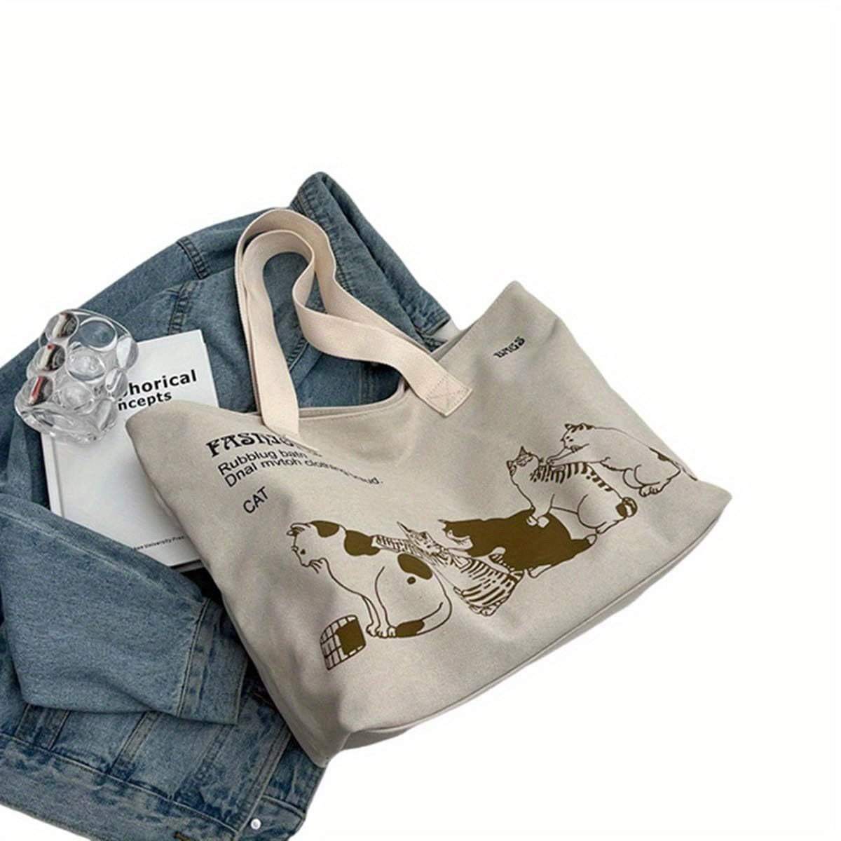 Women’s Canvas Tote Bag with Cartoon Print and Multiple Pockets for Shopping and Beach