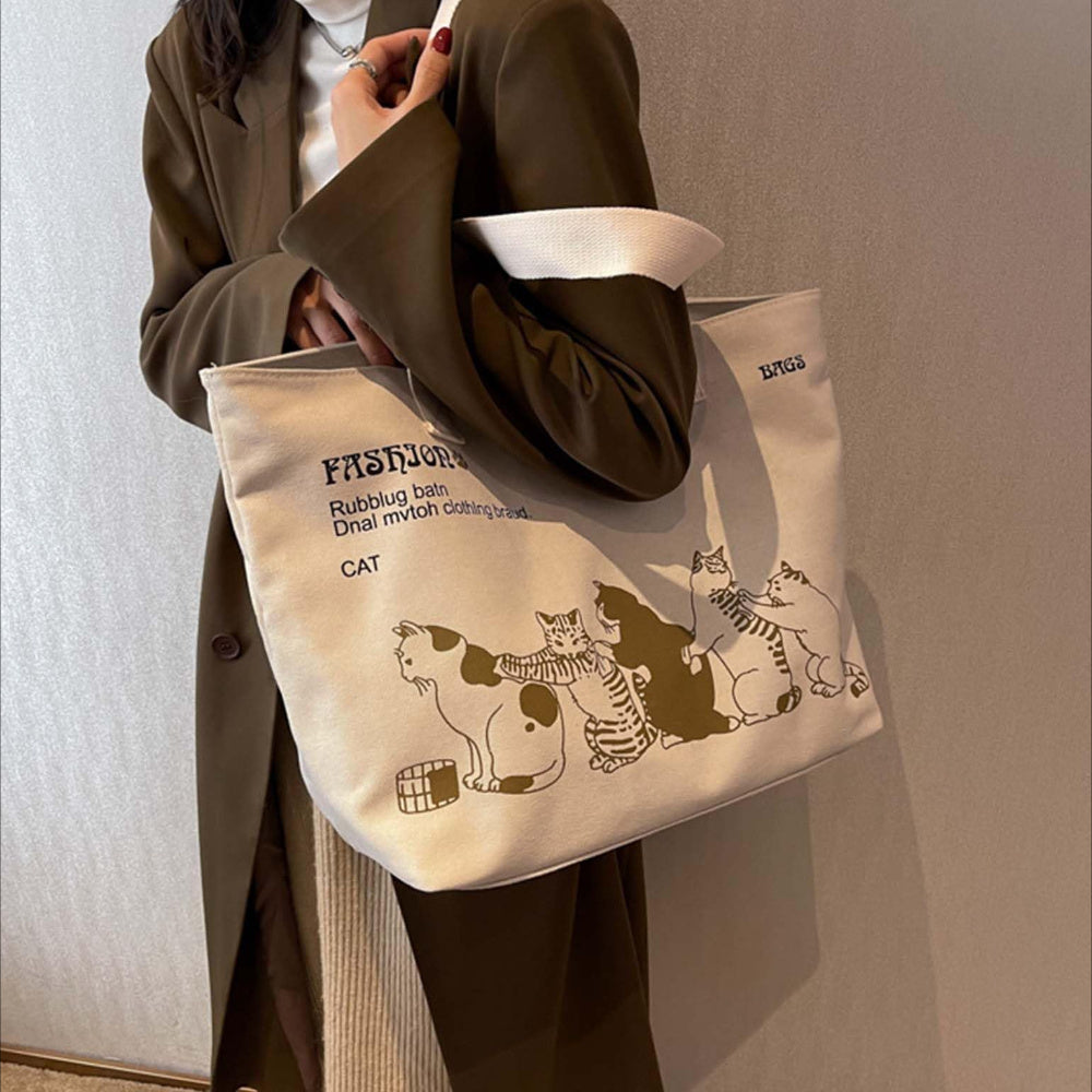 Women’s Canvas Tote Bag with Cartoon Print and Multiple Pockets for Shopping and Beach