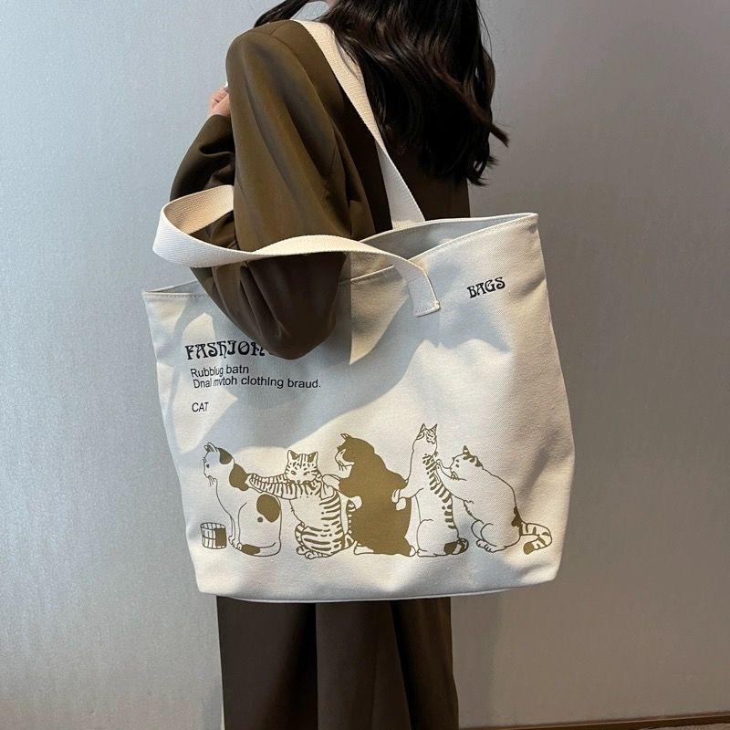 Women’s Canvas Tote Bag with Cartoon Print and Multiple Pockets for Shopping and Beach