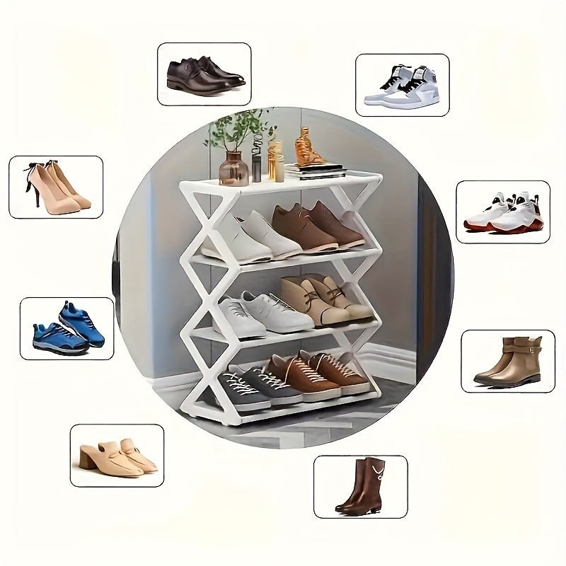 Four-Tier Plastic Folding Shoe Rack, Space-Saving, Holds 12 Pairs