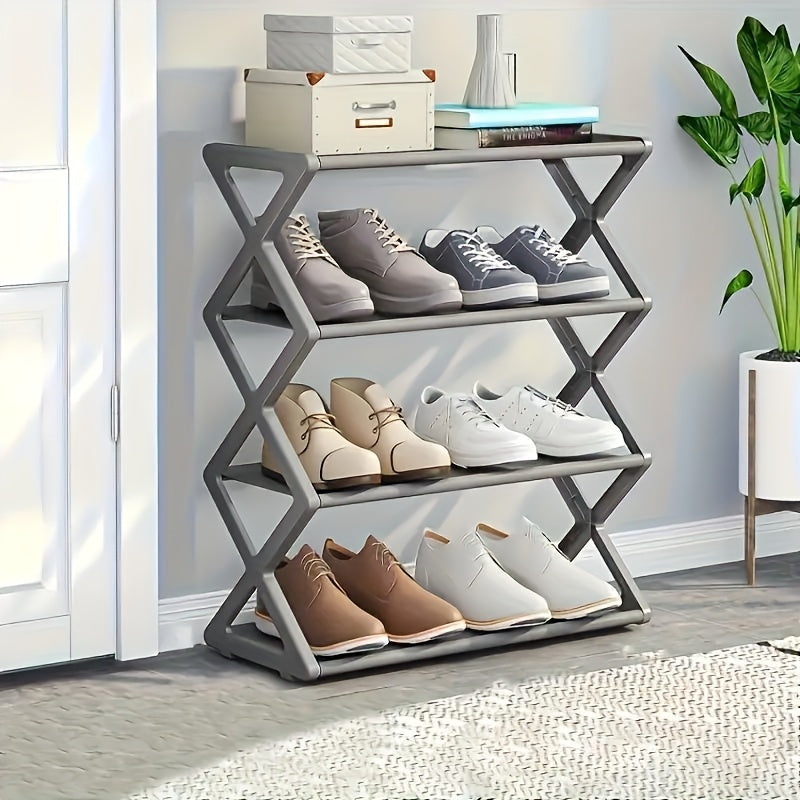 Four-Tier Plastic Folding Shoe Rack, Space-Saving, Holds 12 Pairs