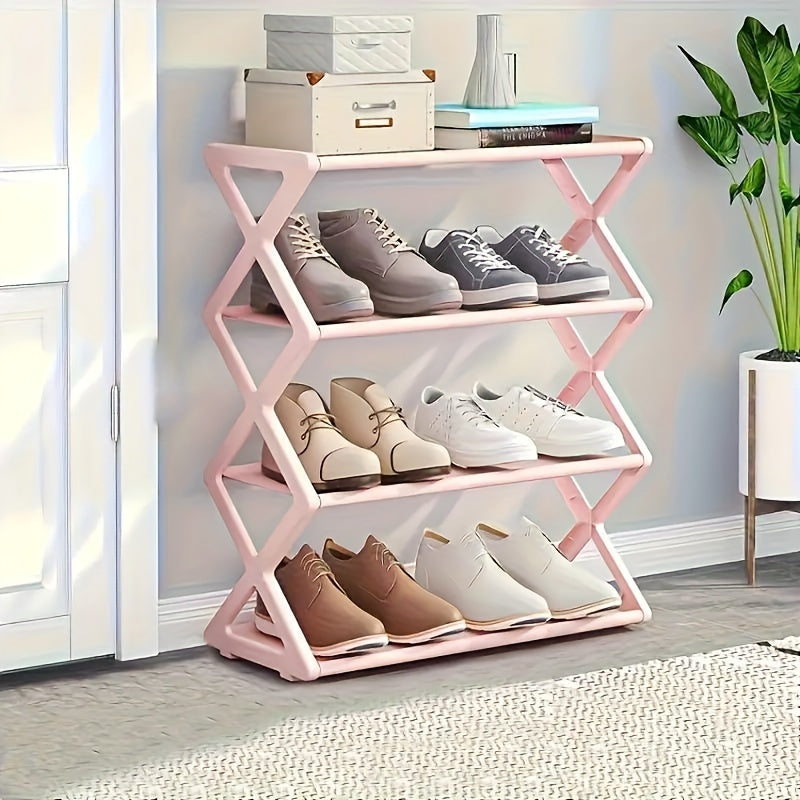 Four-Tier Plastic Folding Shoe Rack, Space-Saving, Holds 12 Pairs