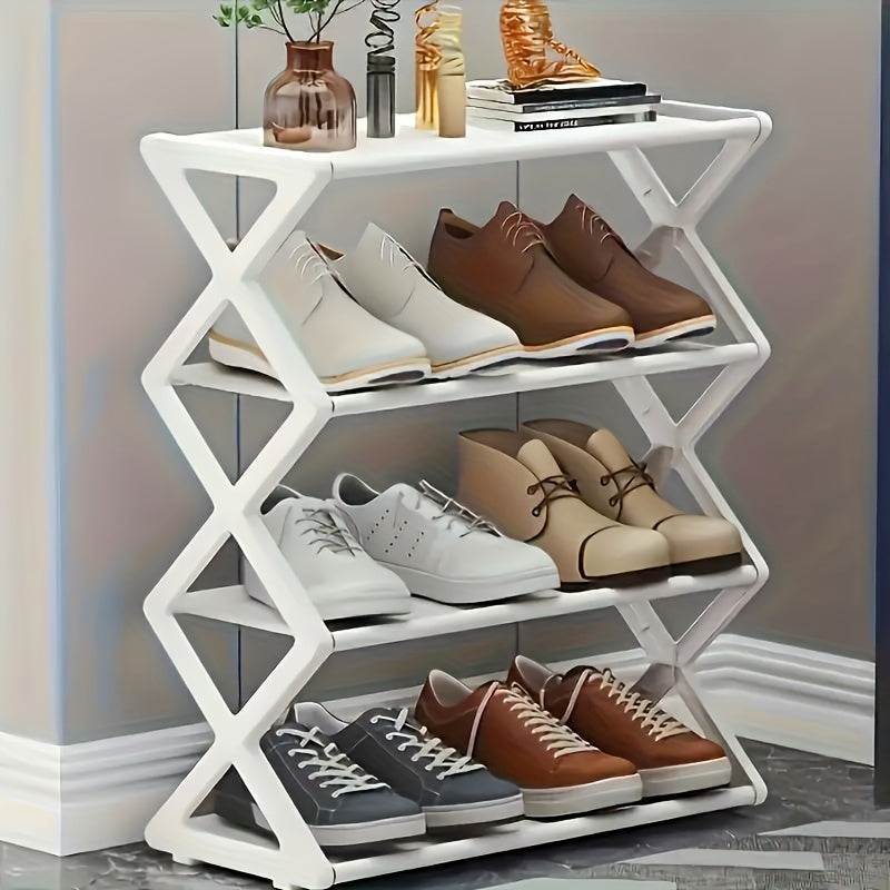 Four-Tier Plastic Folding Shoe Rack, Space-Saving, Holds 12 Pairs