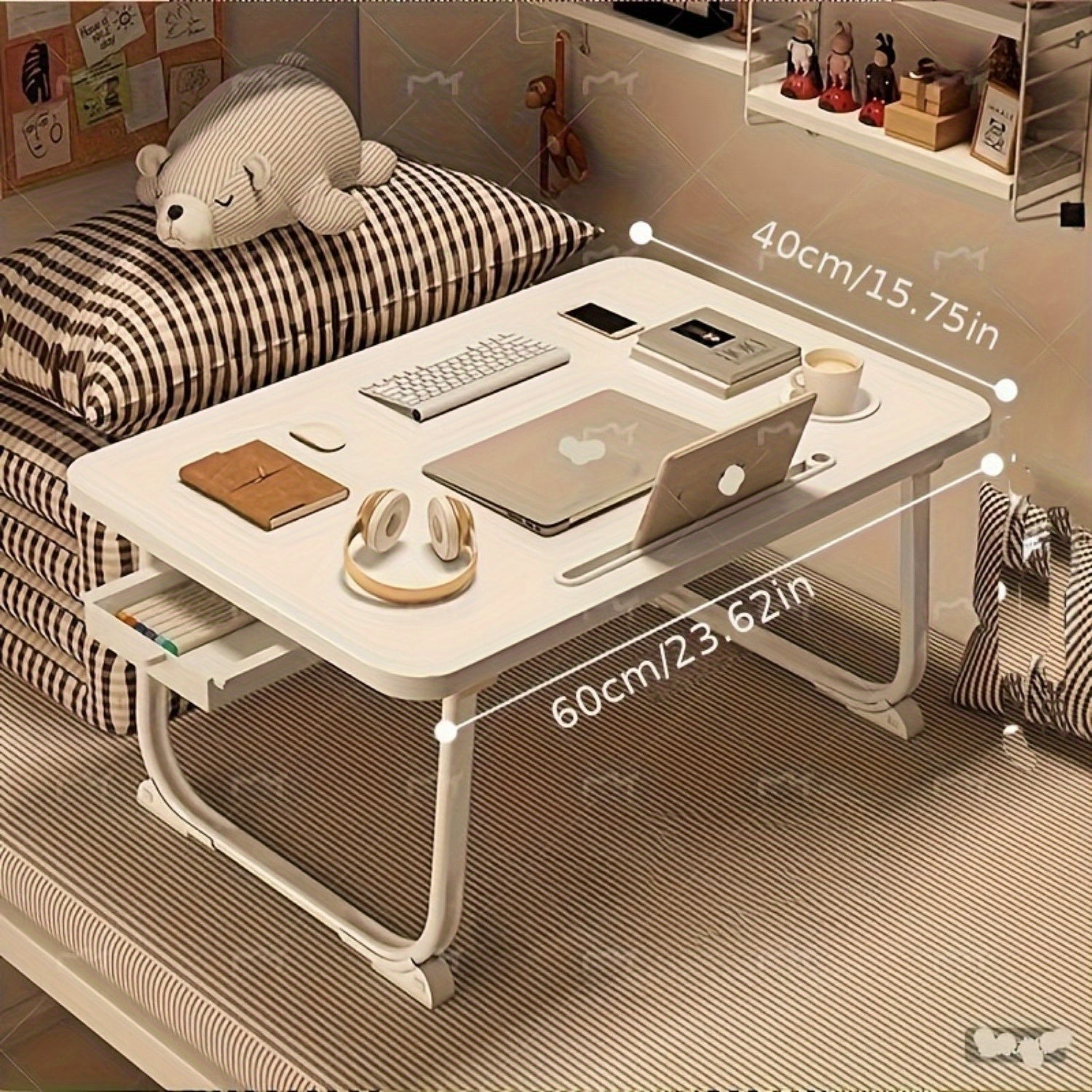Foldable Bed and Sofa Desk with Wooden Top and Metal Frame for Dorms and Reading Nooks
