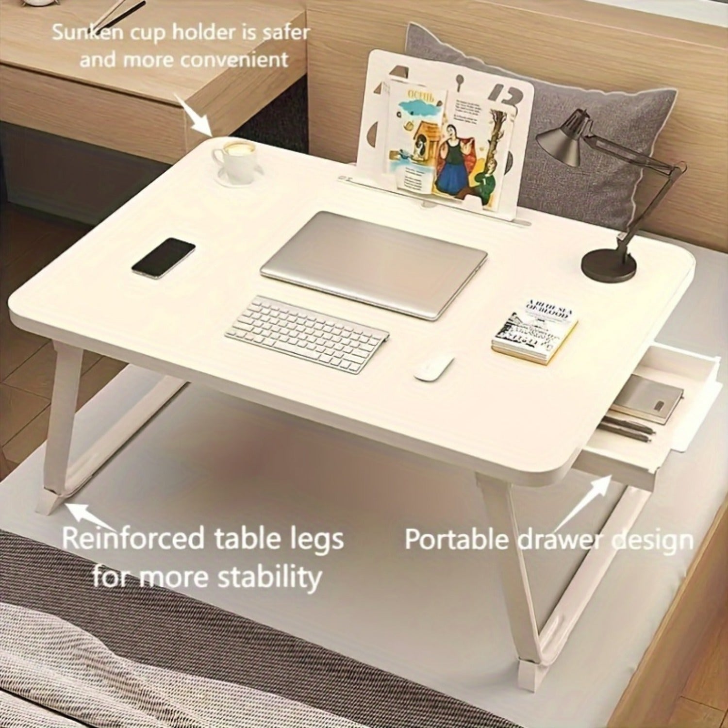 Foldable Bed and Sofa Desk with Wooden Top and Metal Frame for Dorms and Reading Nooks