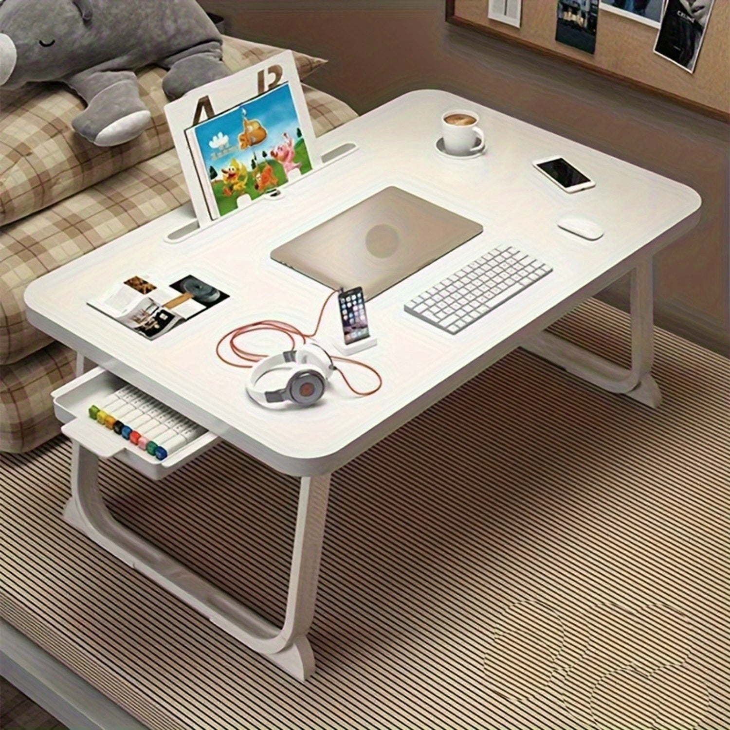 Foldable Bed and Sofa Desk with Wooden Top and Metal Frame for Dorms and Reading Nooks