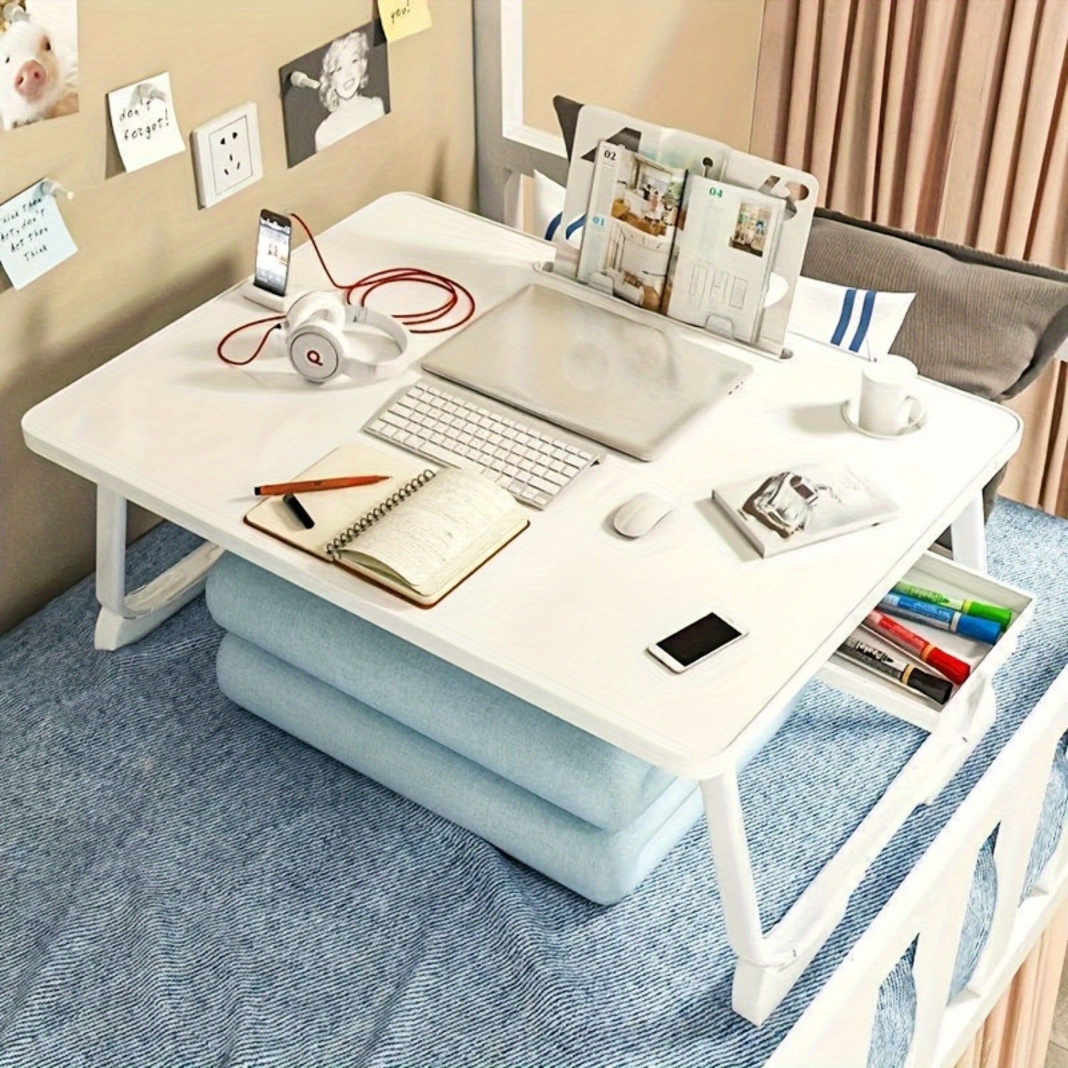 Foldable Bed and Sofa Desk with Wooden Top and Metal Frame for Dorms and Reading Nooks