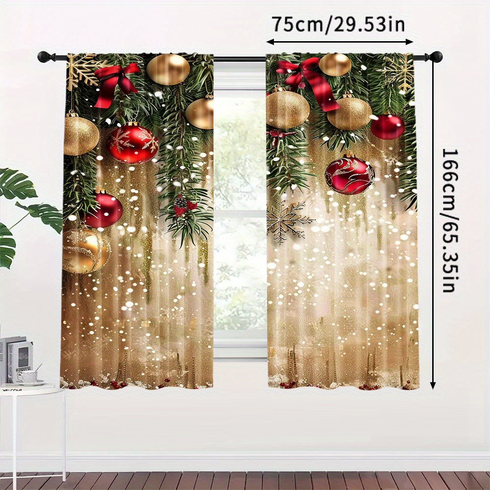 Polyester Christmas Curtain Panels with Golden Balls and Festive Accents Set of 2 for Living Room and Bedroom