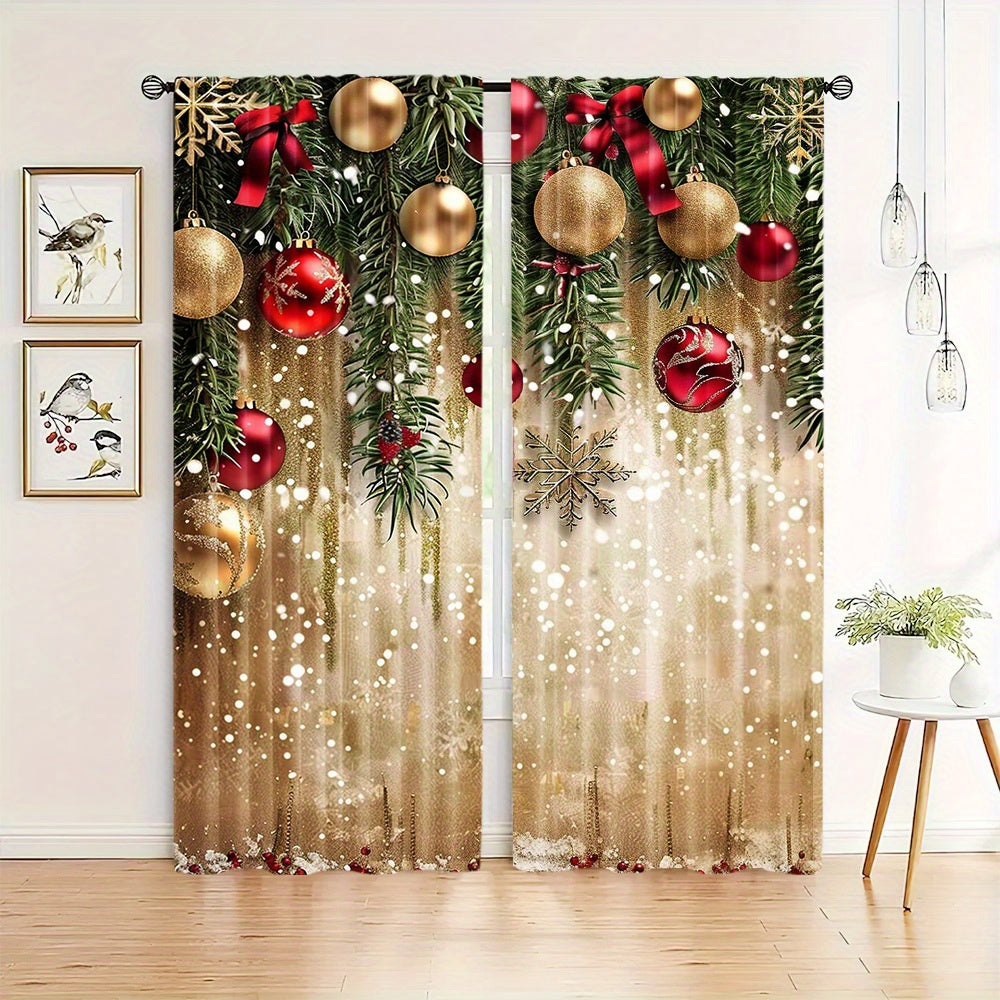 Polyester Christmas Curtain Panels with Golden Balls and Festive Accents Set of 2 for Living Room and Bedroom