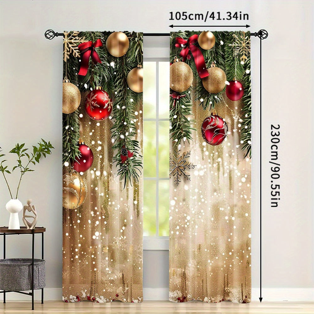 Polyester Christmas Curtain Panels with Golden Balls and Festive Accents Set of 2 for Living Room and Bedroom