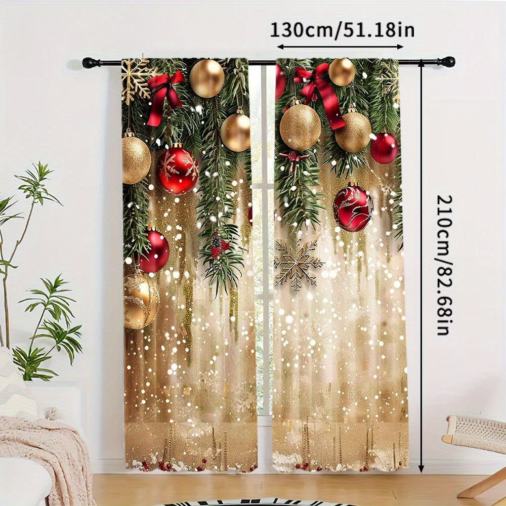 Polyester Christmas Curtain Panels with Golden Balls and Festive Accents Set of 2 for Living Room and Bedroom