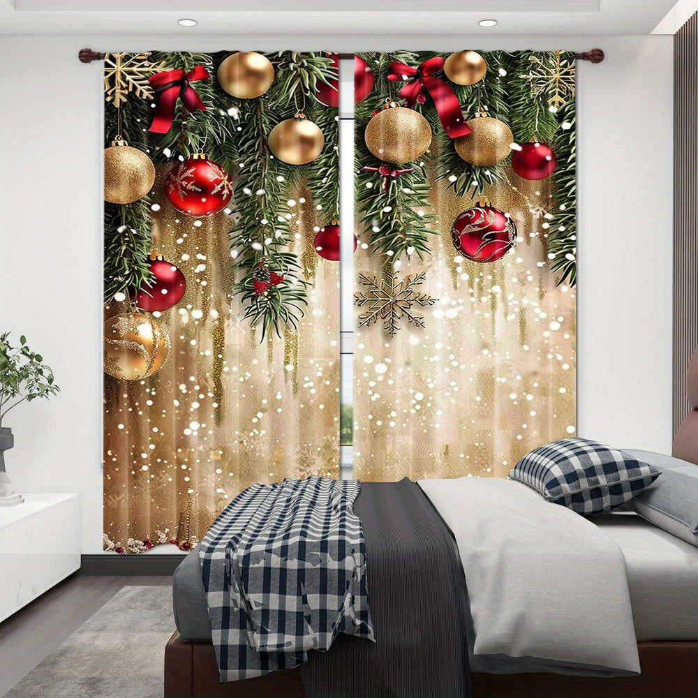 Polyester Christmas Curtain Panels with Golden Balls and Festive Accents Set of 2 for Living Room and Bedroom