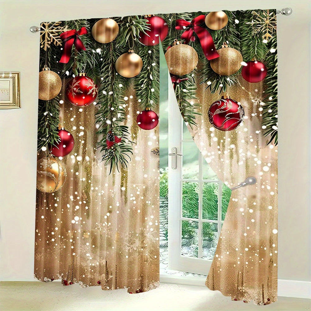 Polyester Christmas Curtain Panels with Golden Balls and Festive Accents Set of 2 for Living Room and Bedroom