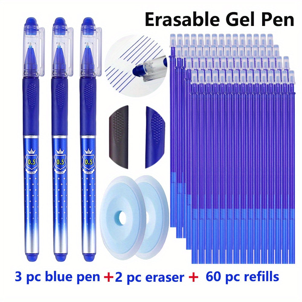 65-Piece Erasable Gel Pen Set with 0.5mm Black Blue Red Refills Office Stationery
