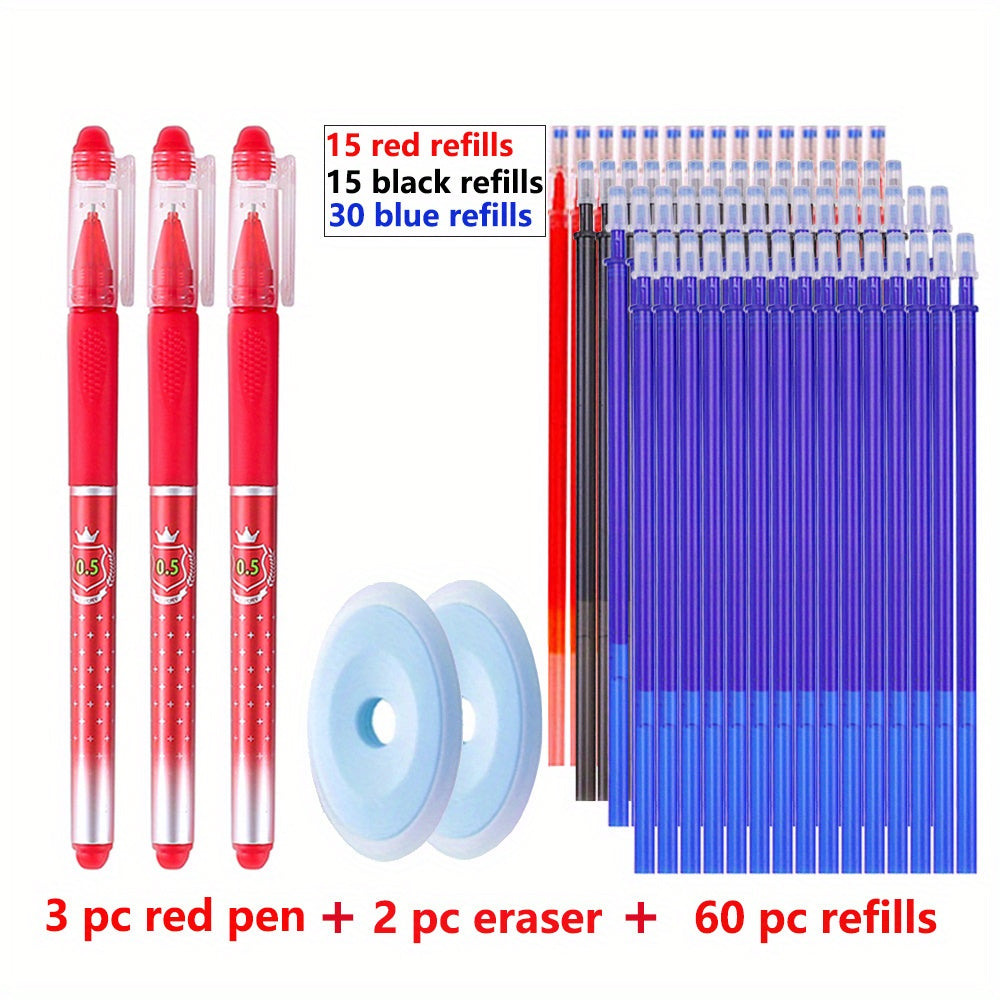 65-Piece Erasable Gel Pen Set with 0.5mm Black Blue Red Refills Office Stationery