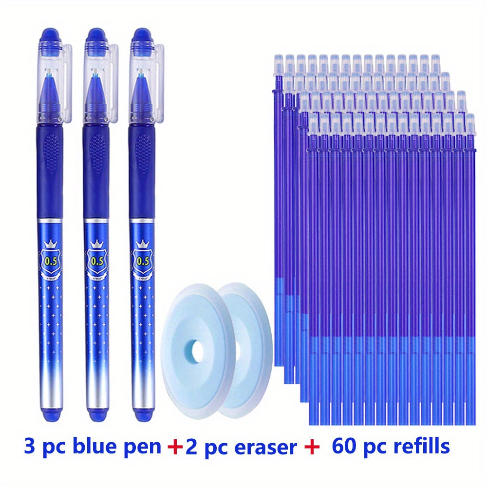 65-Piece Erasable Gel Pen Set with 0.5mm Black Blue Red Refills Office Stationery