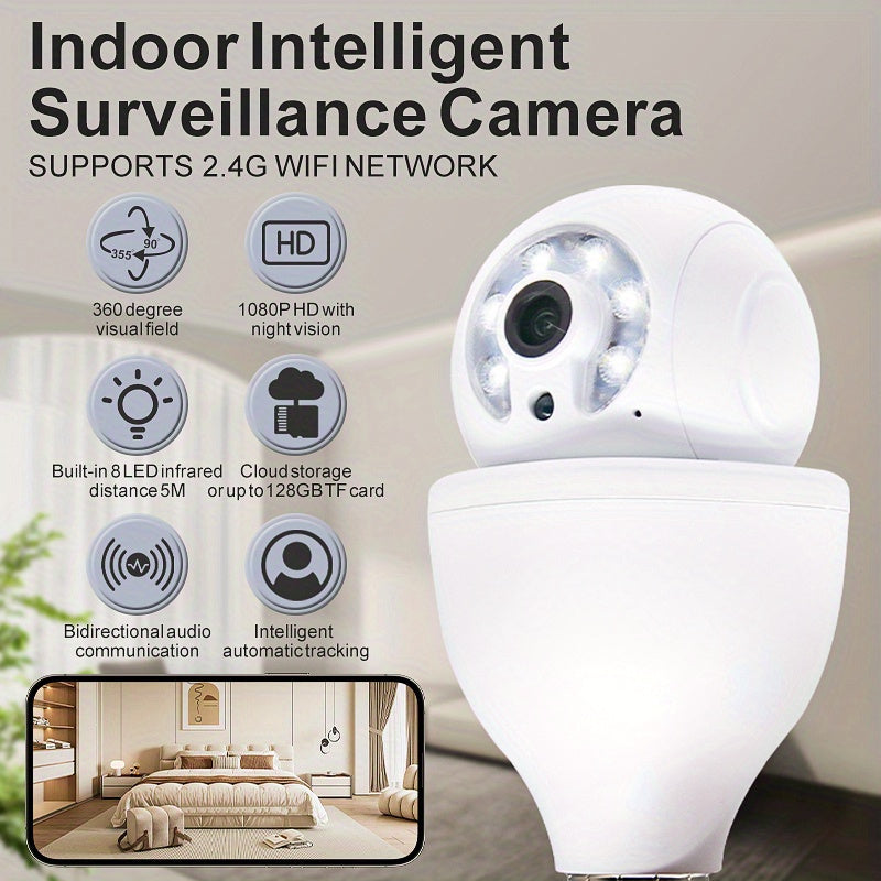 Cámara de seguridad inteligente con bombilla Wi-Fi HD 1080p con seguimiento automático, visión nocturna y audio bidireccional
