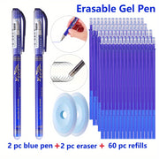 Erasable Gel Pen Set 64 Pieces Blue Black 0.5mm Refills Erasers Stationery