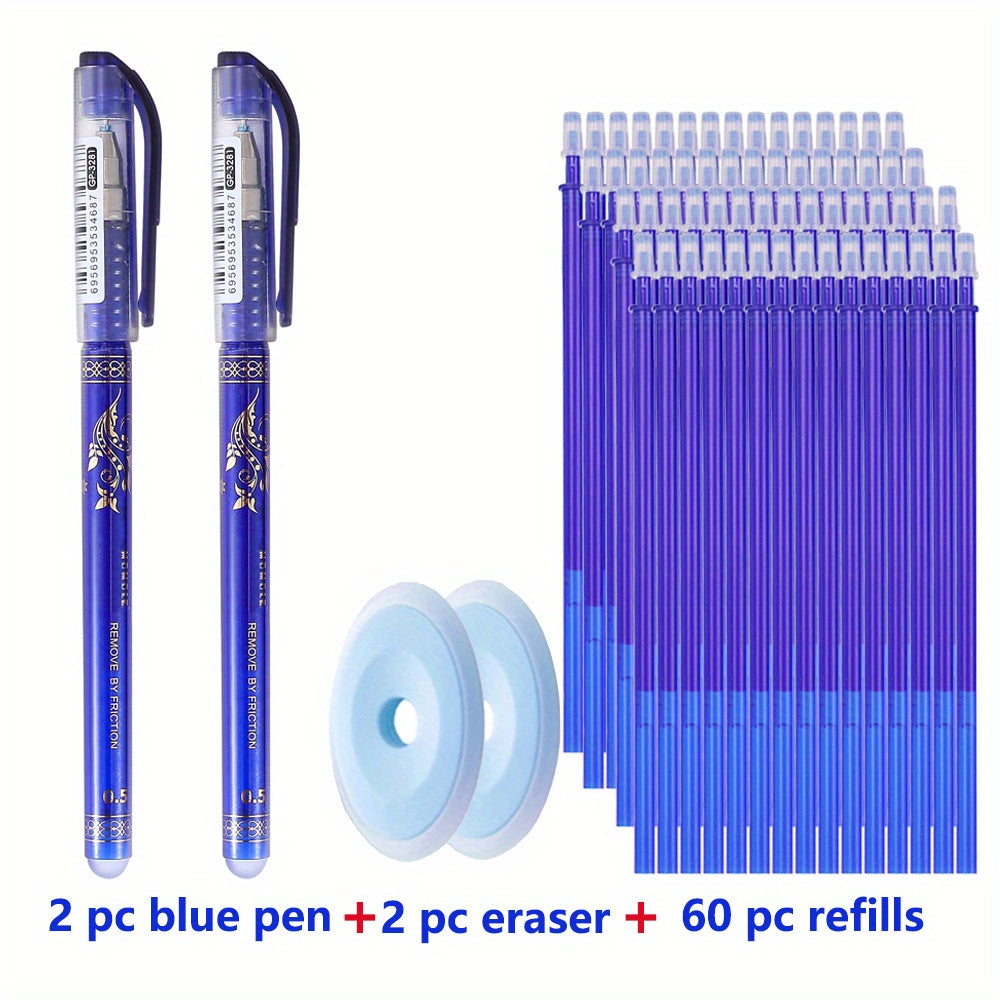 Erasable Gel Pen Set 64 Pieces Blue Black 0.5mm Refills Erasers Stationery
