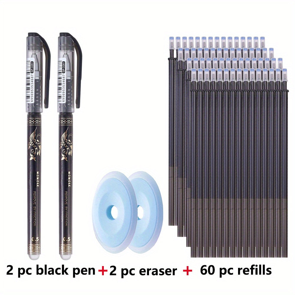 Erasable Gel Pen Set 64 Pieces Blue Black 0.5mm Refills Erasers Stationery
