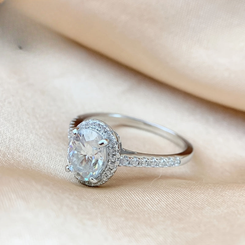 Sterling Silver Oval Moissanite Engagement Ring Pave Setting Ethically Sourced Diamonds