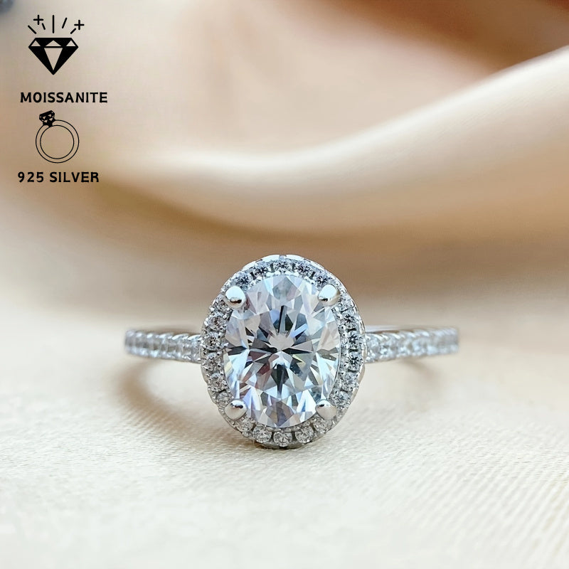 Sterling Silver Oval Moissanite Engagement Ring Pave Setting Ethically Sourced Diamonds