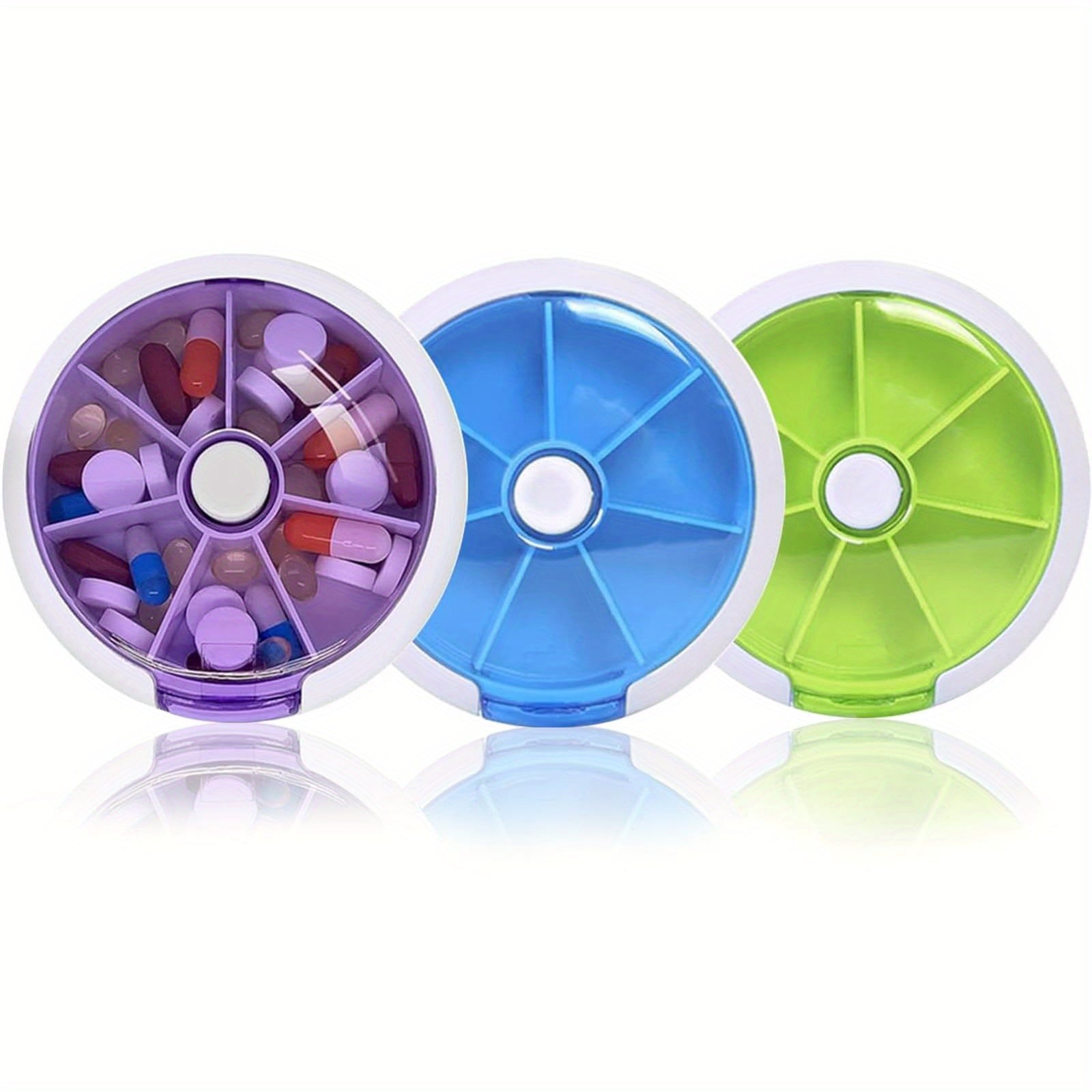 Weekly Pill Organizer with 7 Compartments and Push Button Rotation for Daily Medication