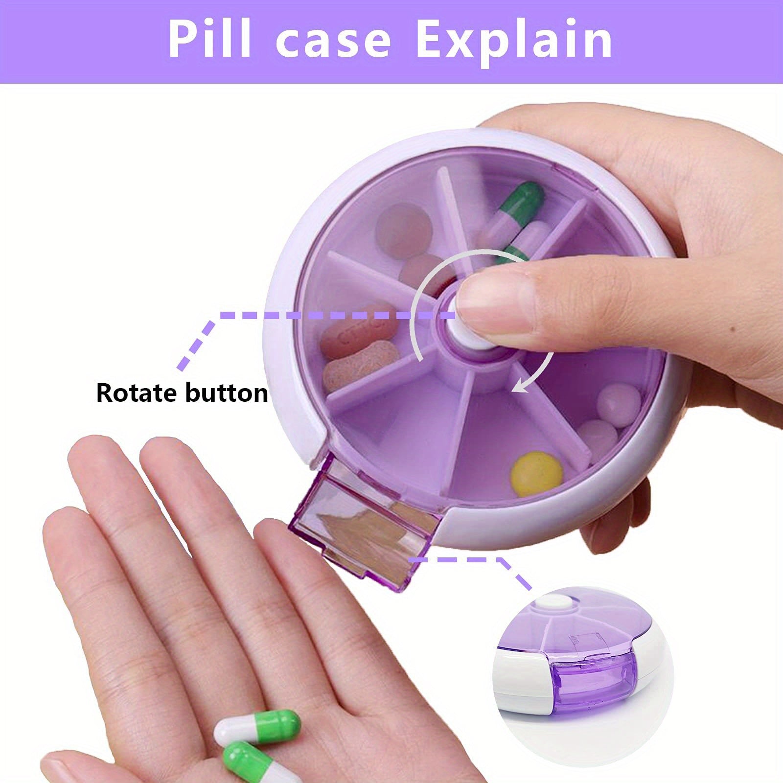 Weekly Pill Organizer with 7 Compartments and Push Button Rotation for Daily Medication