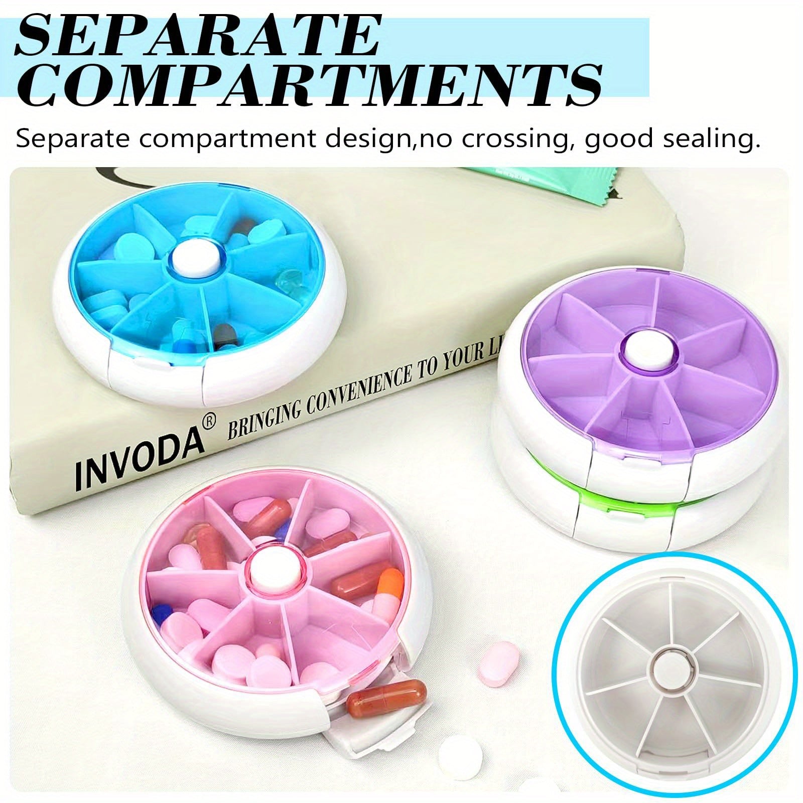 Weekly Pill Organizer with 7 Compartments and Push Button Rotation for Daily Medication