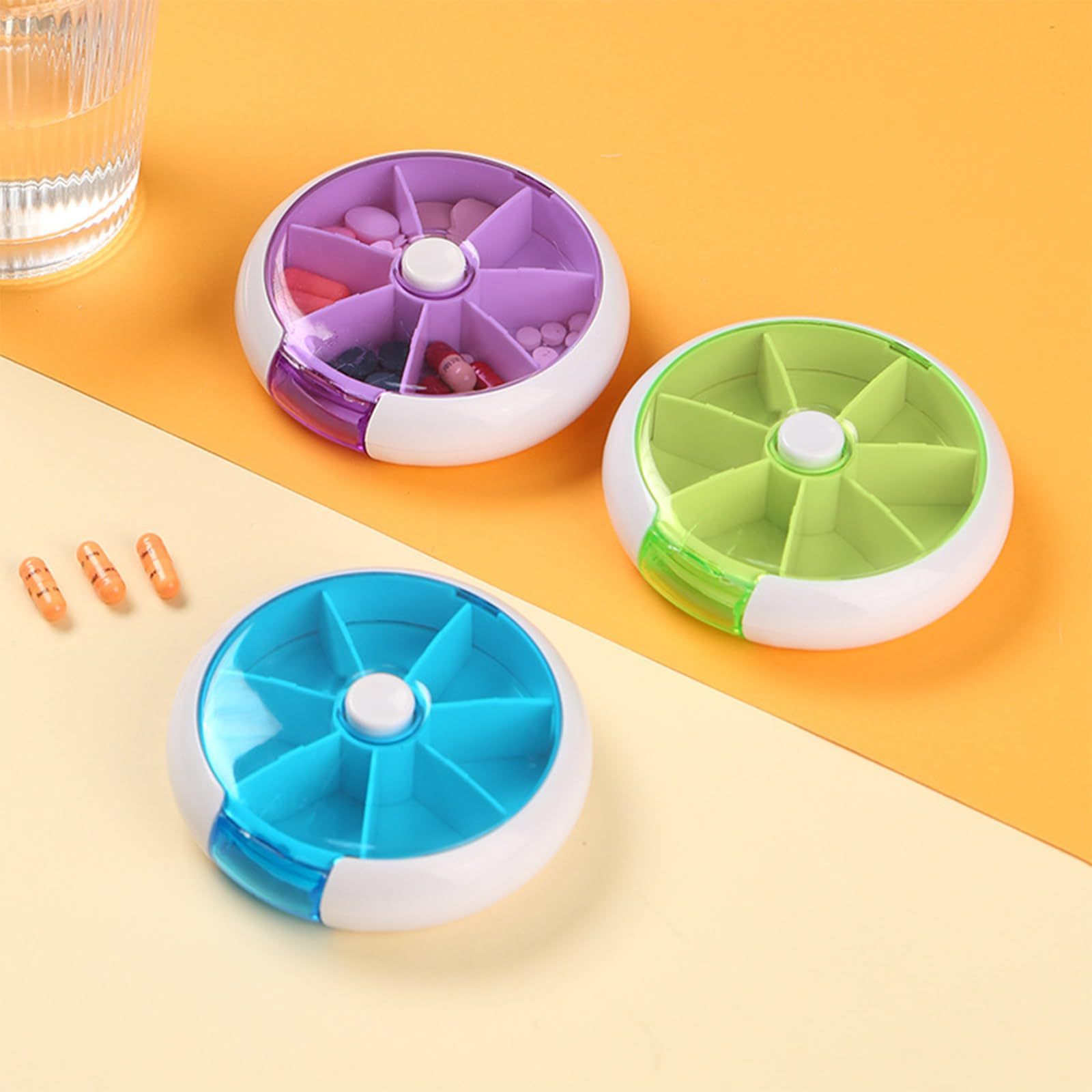 Weekly Pill Organizer with 7 Compartments and Push Button Rotation for Daily Medication