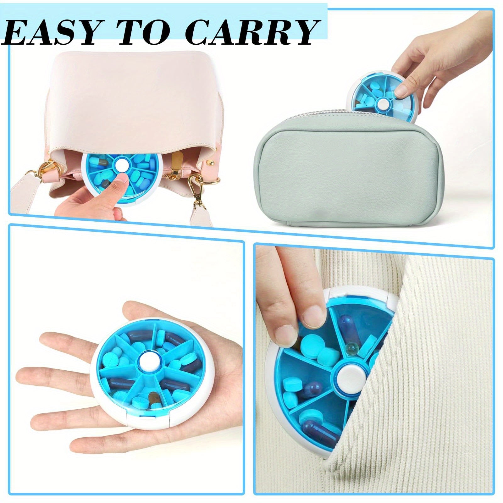 Weekly Pill Organizer with 7 Compartments and Push Button Rotation for Daily Medication