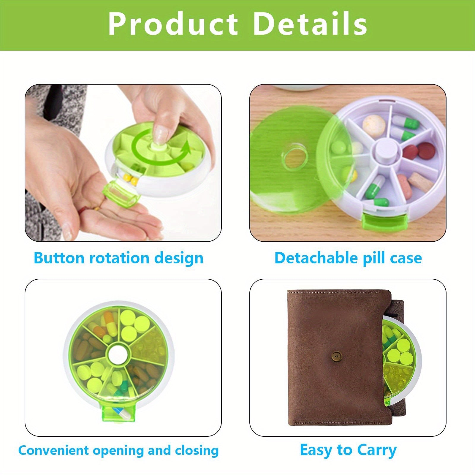 Weekly Pill Organizer with 7 Compartments and Push Button Rotation for Daily Medication