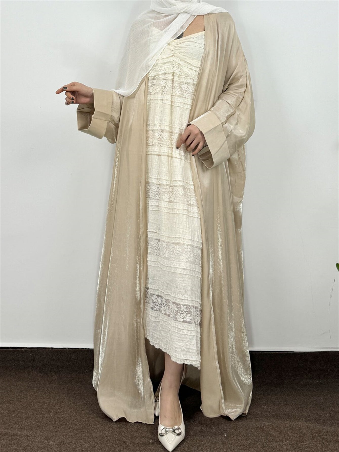 Plus Size Muslim Abaya Robe Satin-Finish Full-Length Dress for Women