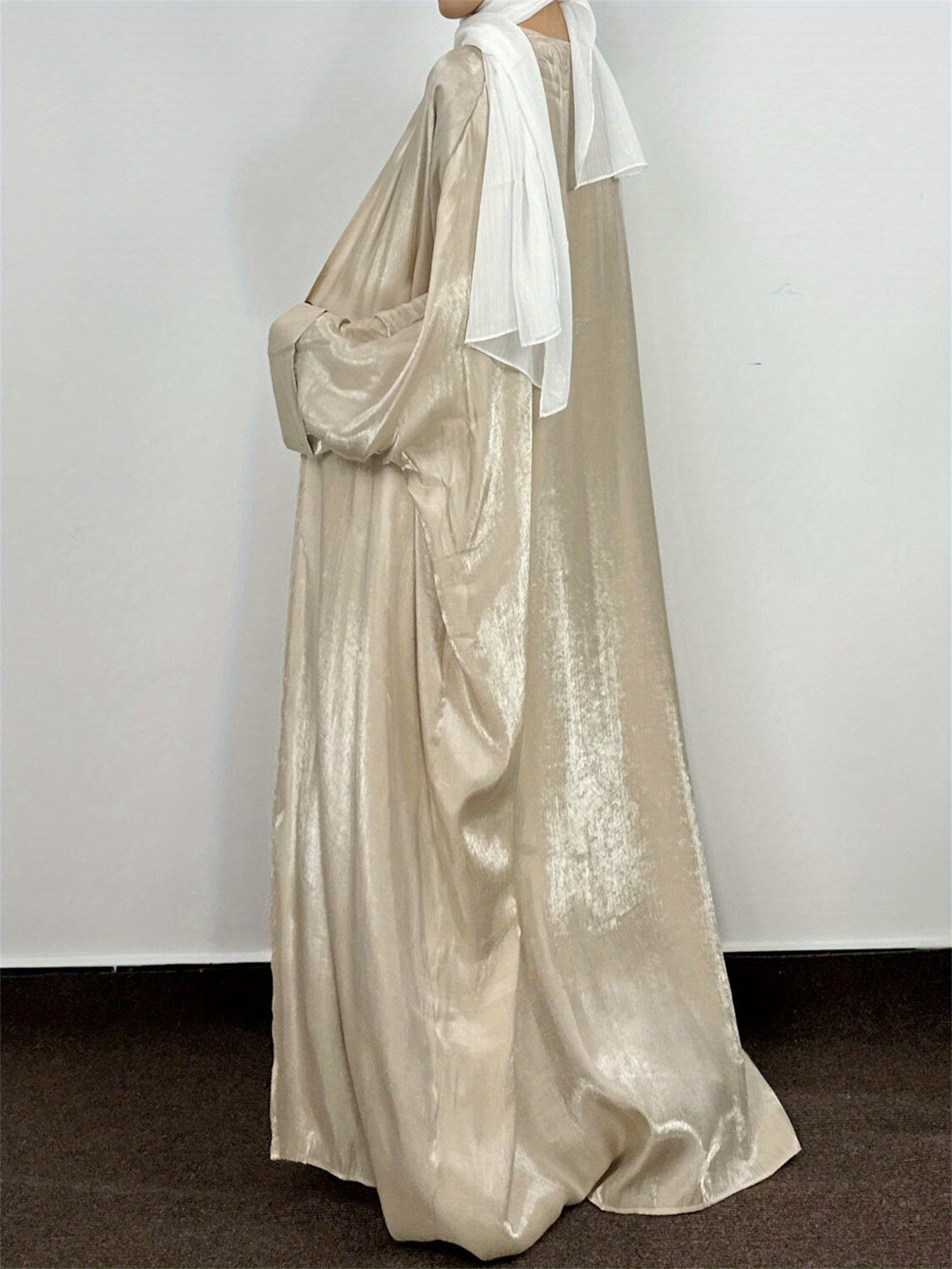 Plus Size Muslim Abaya Robe Satin-Finish Full-Length Dress for Women
