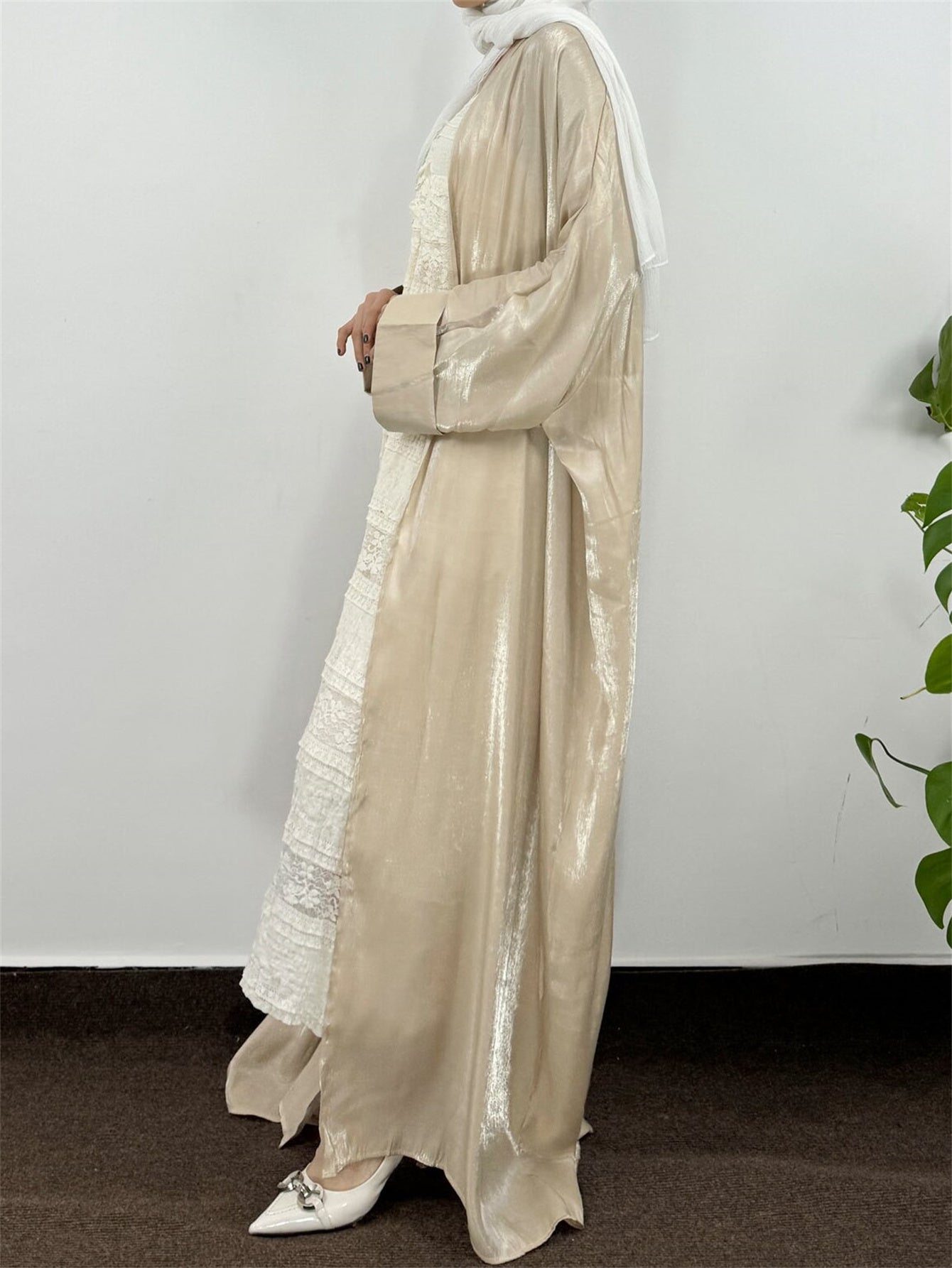 Plus Size Muslim Abaya Robe Satin-Finish Full-Length Dress for Women