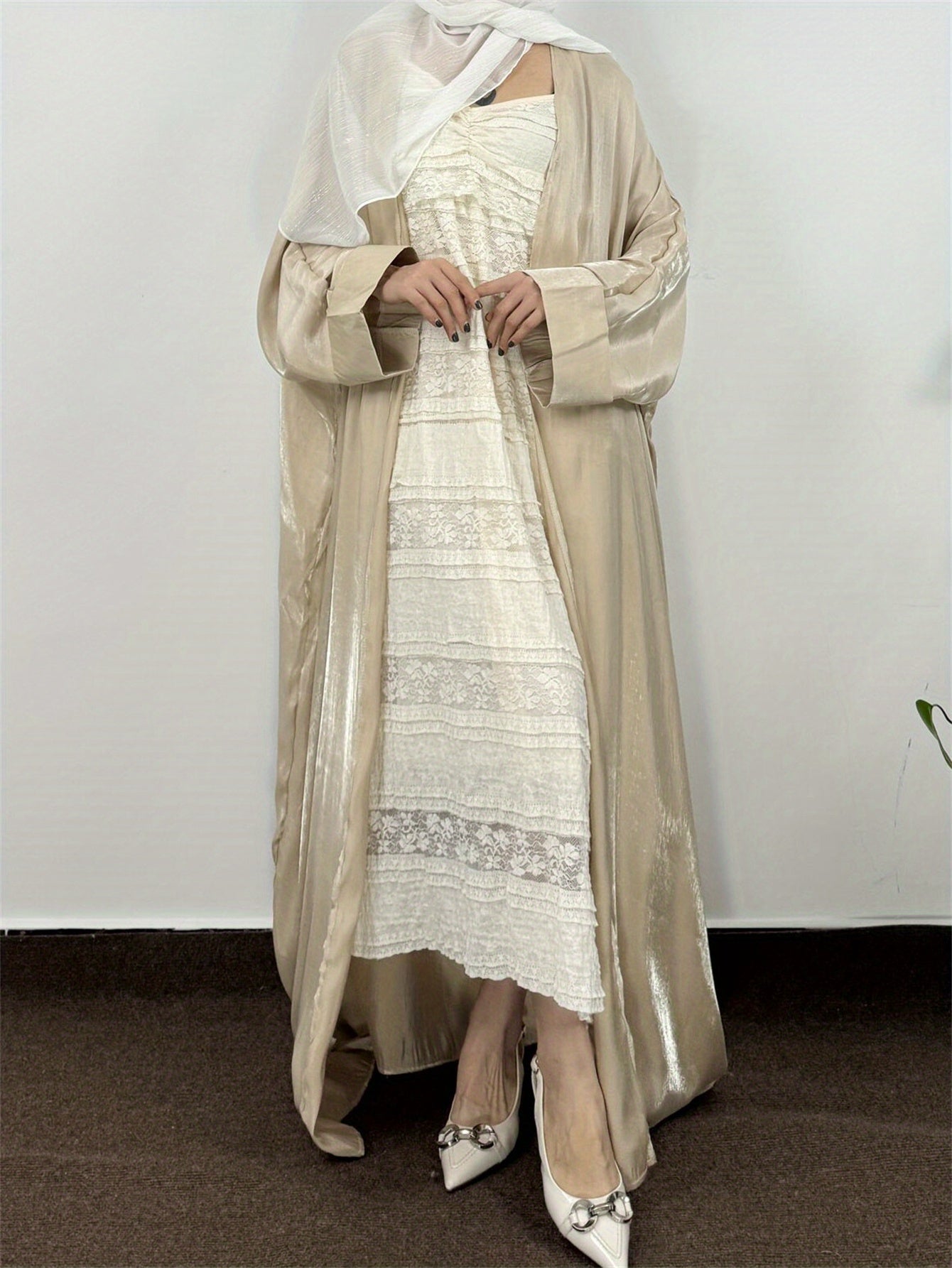 Plus Size Muslim Abaya Robe Satin-Finish Full-Length Dress for Women