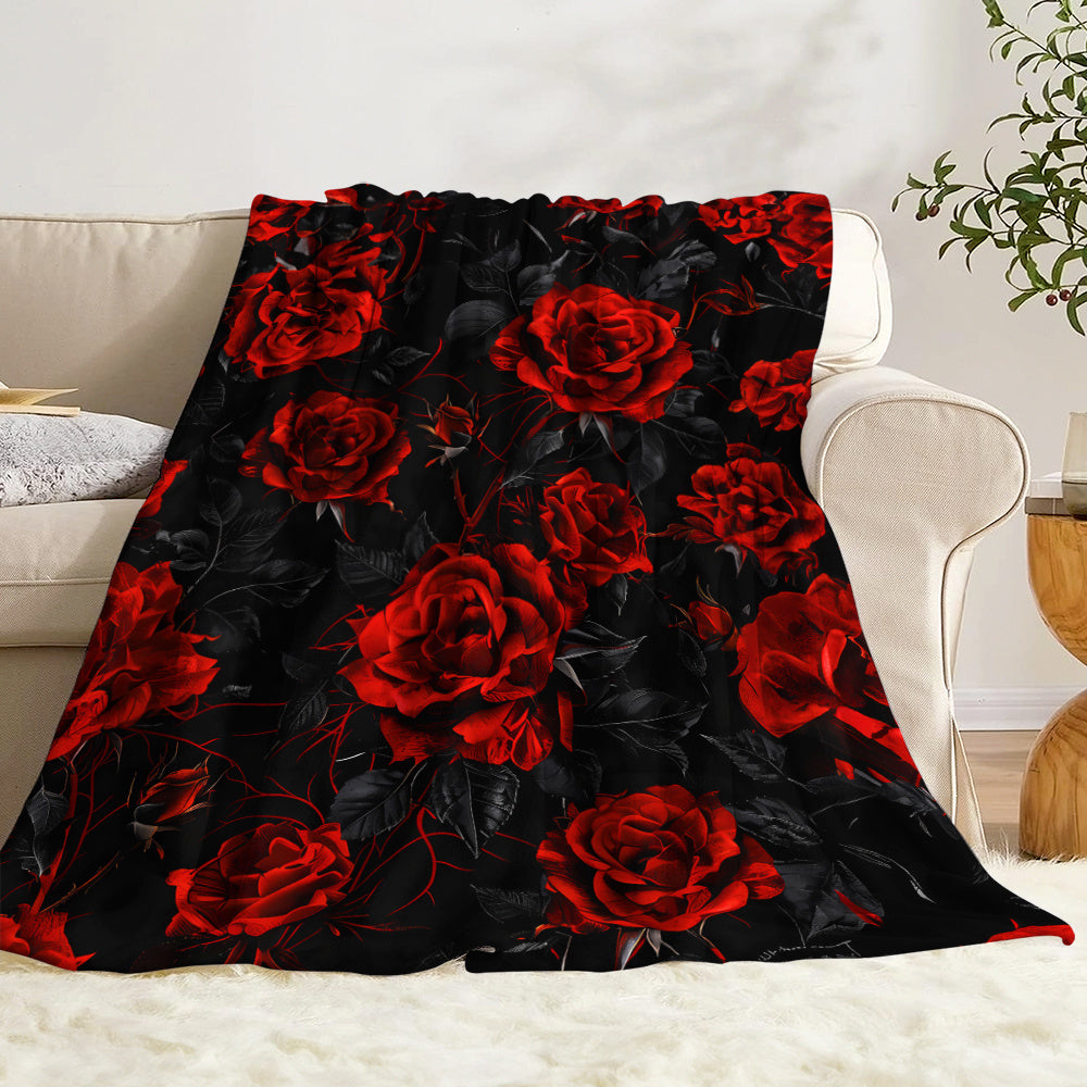 Soft Flannel Throw Blanket with Vintage Red Roses Oil Painting Style for Home Decor and Gifts
