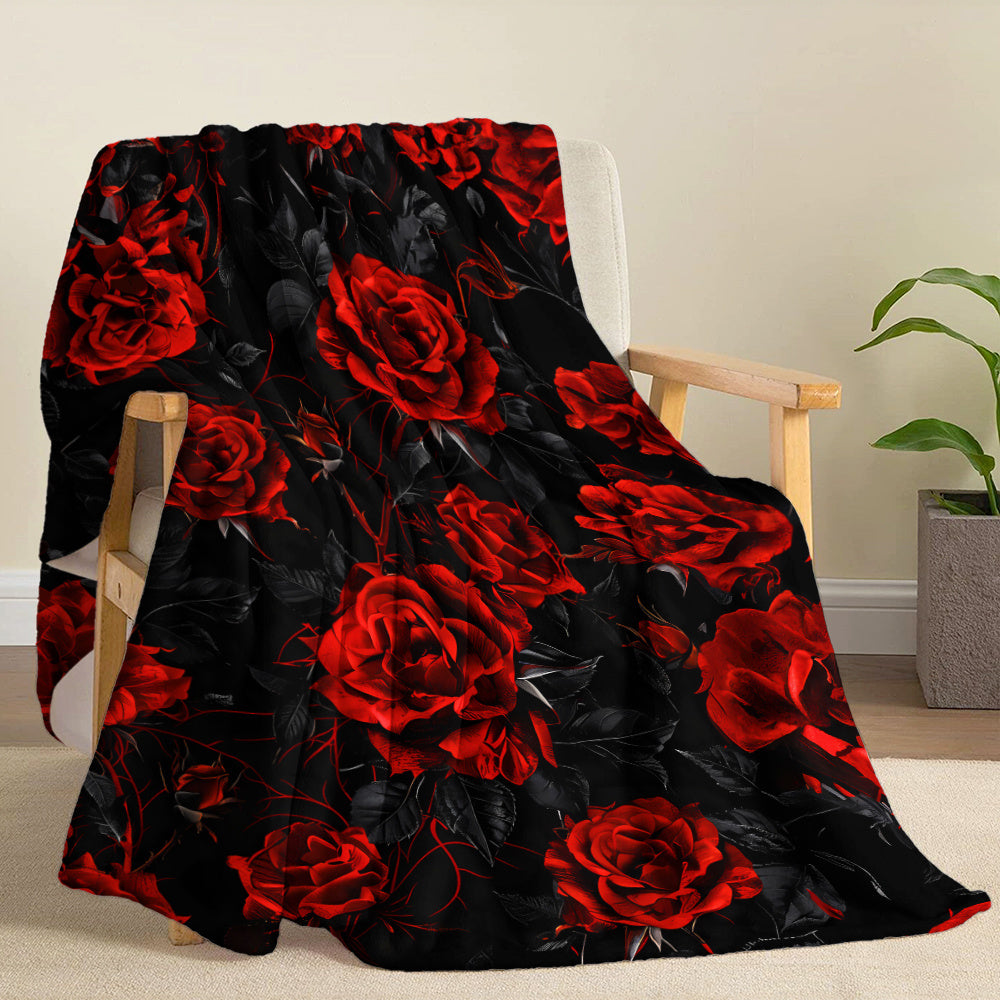 Soft Flannel Throw Blanket with Vintage Red Roses Oil Painting Style for Home Decor and Gifts