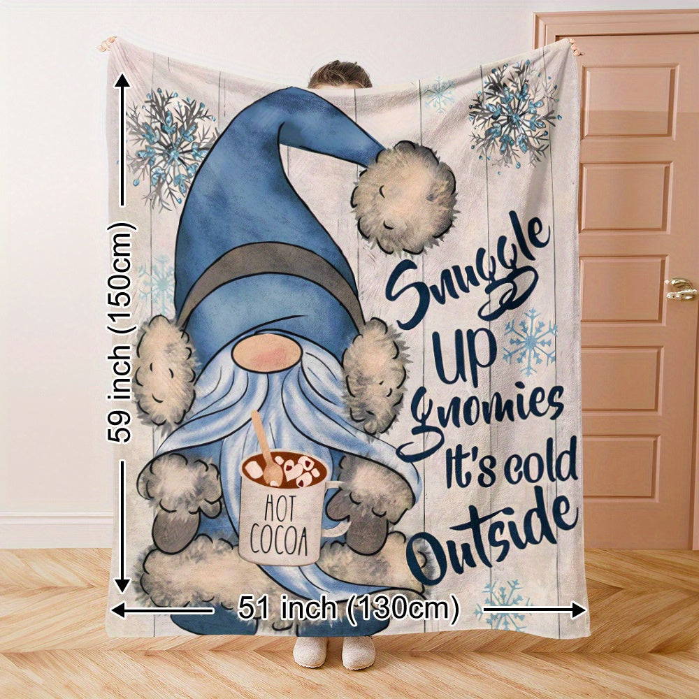 Winter Gnome Fleece Blanket with Snowflake and Hot Cocoa Design 150x130cm